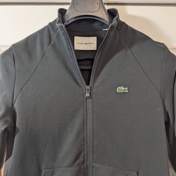 Lacoste Women's Zip-Up Black Sweatshirt with White Bands on Sleeves - Size 38 - Picture 4 of 12